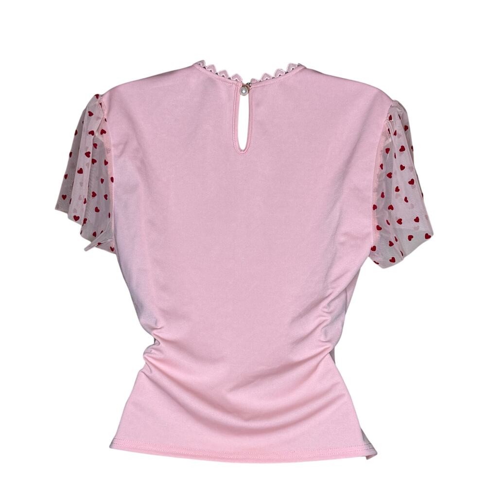 Unique Vintage Pink and Red Hearts Mesh Flutter Sleeve Blouse M 6 8 NWOT - Picture 2 of 6